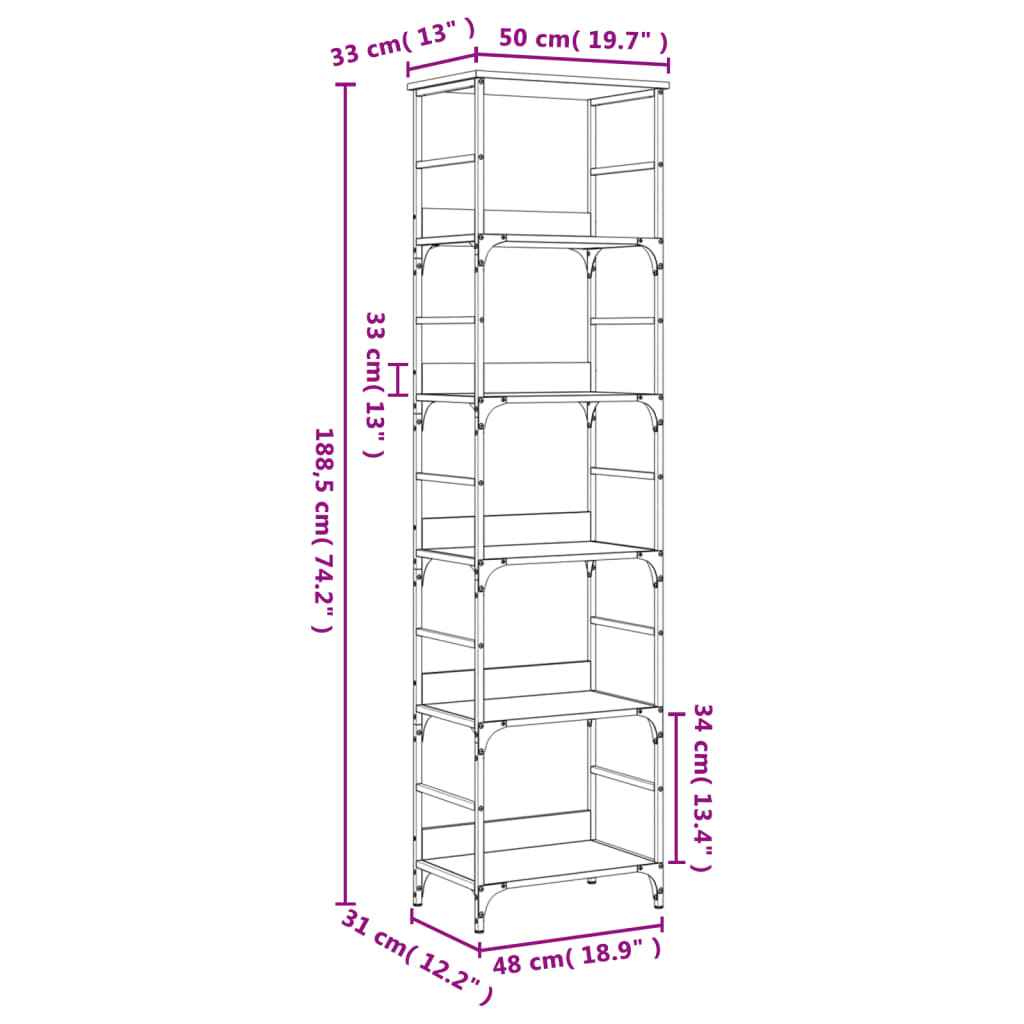 vidaXL Bücherregal Sonoma-Eiche 50 x 33 x 188,5 cm Holzwerkstoff