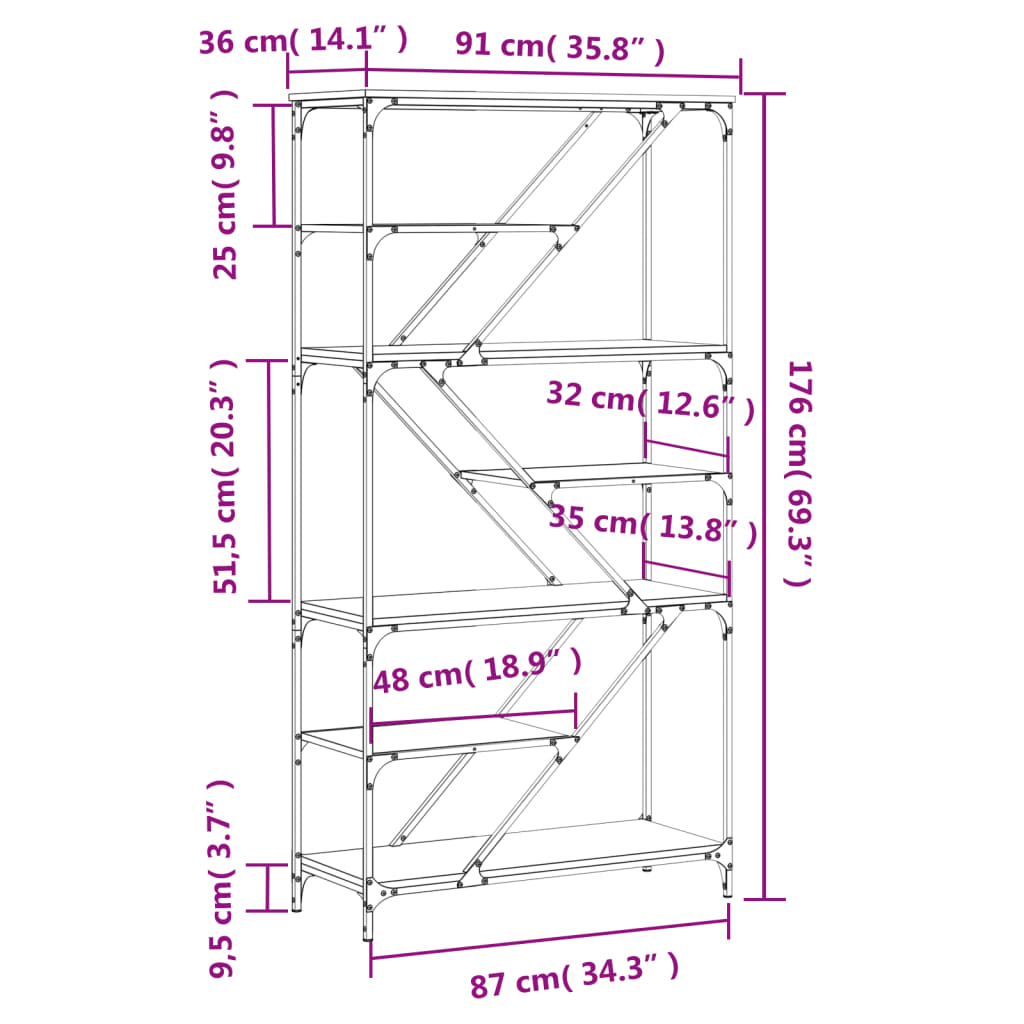 vidaXL Bücherregal Grau Sonoma 91x36x176 cm Holzwerkstoff und Stahl
