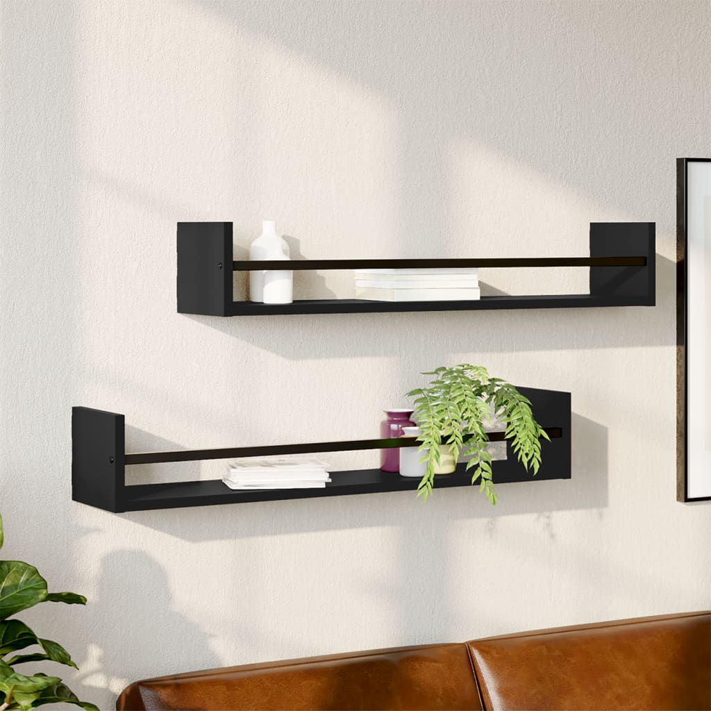 vidaXL Étagères murales avec tringles 2 pcs Noir 80x16x14 cm