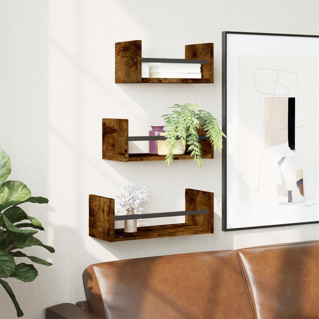 vidaXL Set de 3 étagères murales avec tringle Chêne fumé Bois d'ingénierie