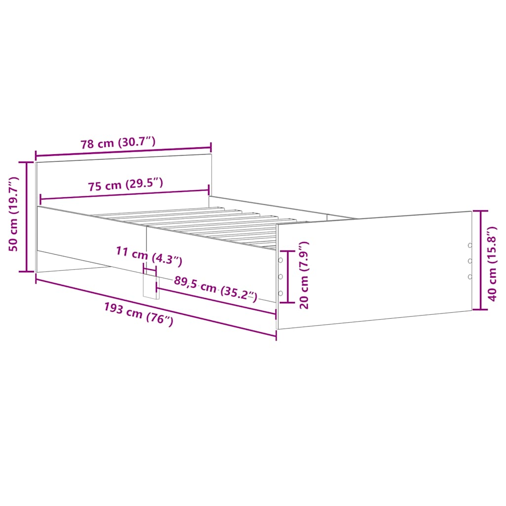 vidaXL Bettgestell ohne Matratze Sonoma-Eiche 75x190 cm Holzwerkstoff