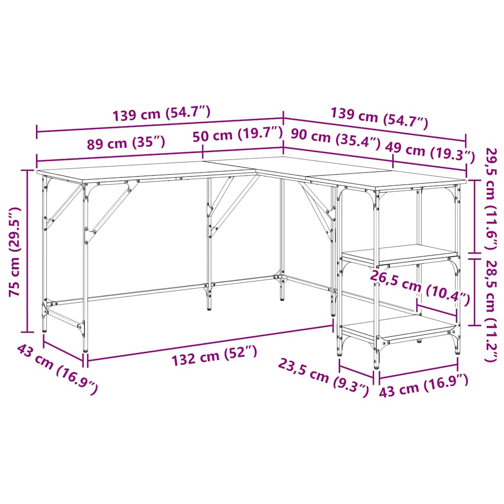 vidaXL Schreibtisch Sonoma-Eiche 139x139x75 cm Holzwerkstoff