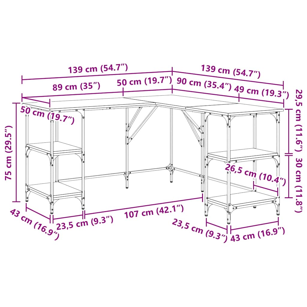 vidaXL Schreibtisch Sonoma-Eiche 139x139x75 cm Holzwerkstoff