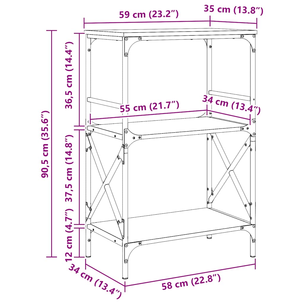 vidaXL Bücherregal 3 Böden Braun Eiche 59x35x90,5 cm Holzwerkstoff