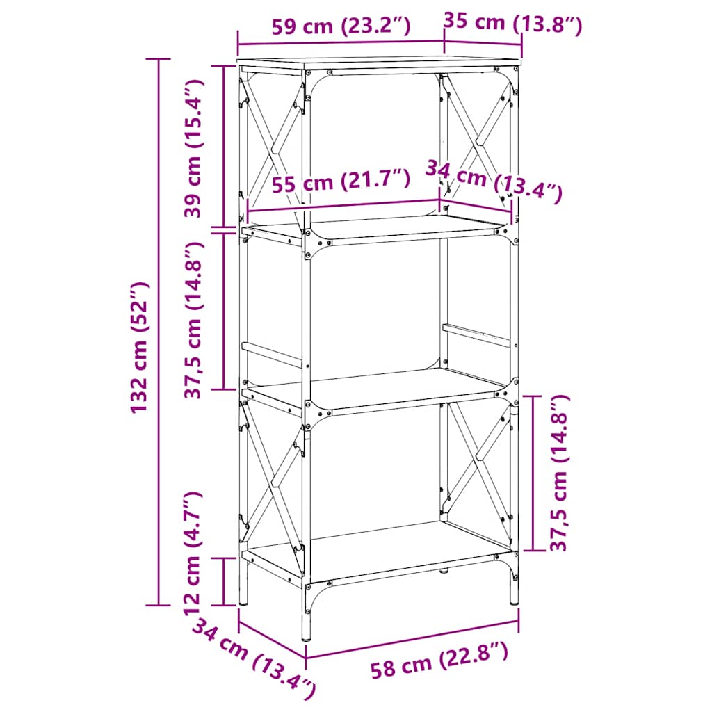 vidaXL Bücherregal 4 Böden Grau Sonoma 59x35x132 cm Holzwerkstoff