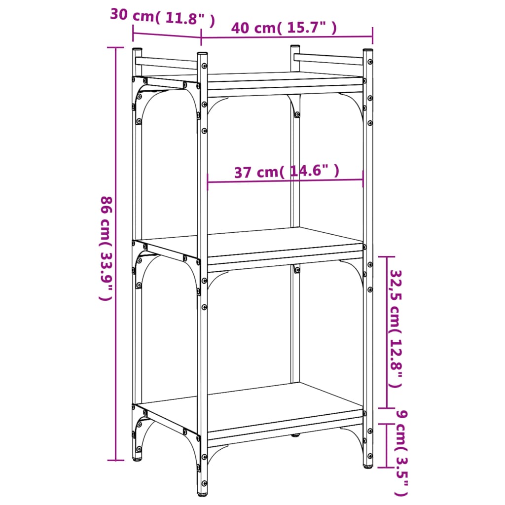 vidaXL Bücherregal 3 Böden Grau Sonoma 40x30x86 cm Holzwerkstoff