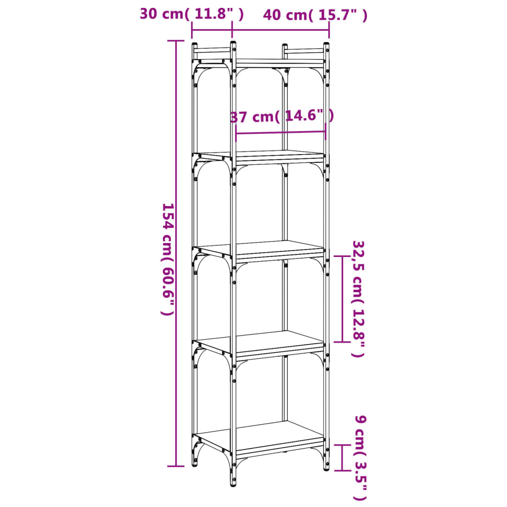 vidaXL Bücherregal 5 Böden Grau Sonoma 40x30x154 cm Holzwerkstoff