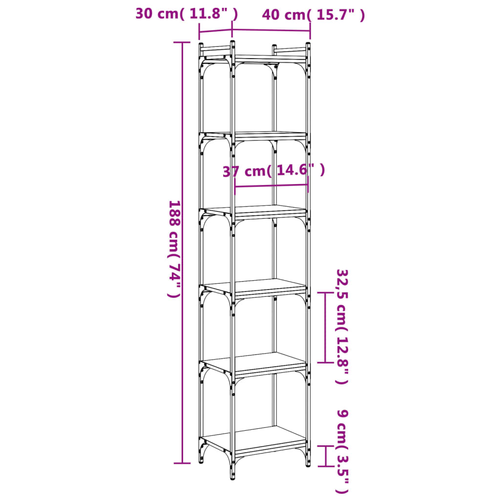 vidaXL Bücherregal 6 Böden Braun Eiche-Optik 40x30x188cm Holzwerkstoff