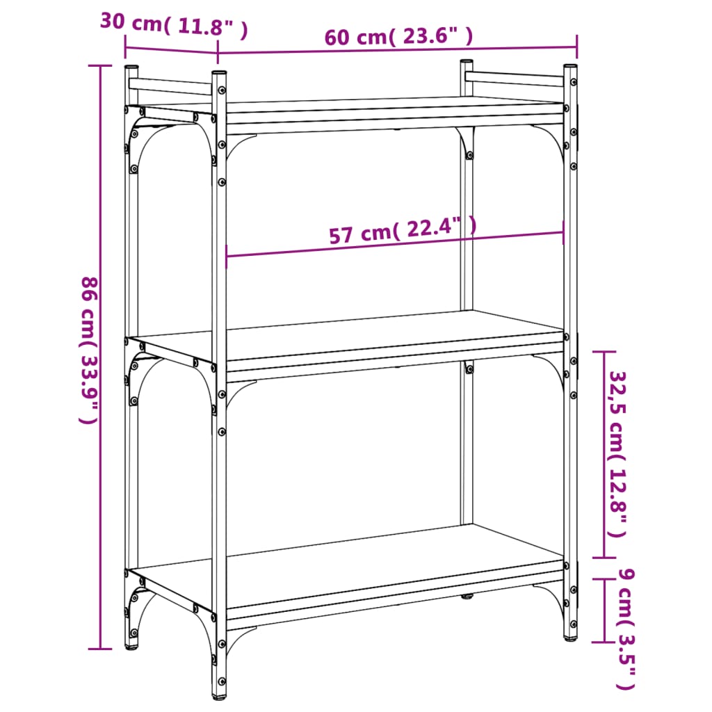 vidaXL Bücherregal 3 Böden Braun Eichen-Optik 60x30x86cm Holzwerkstoff