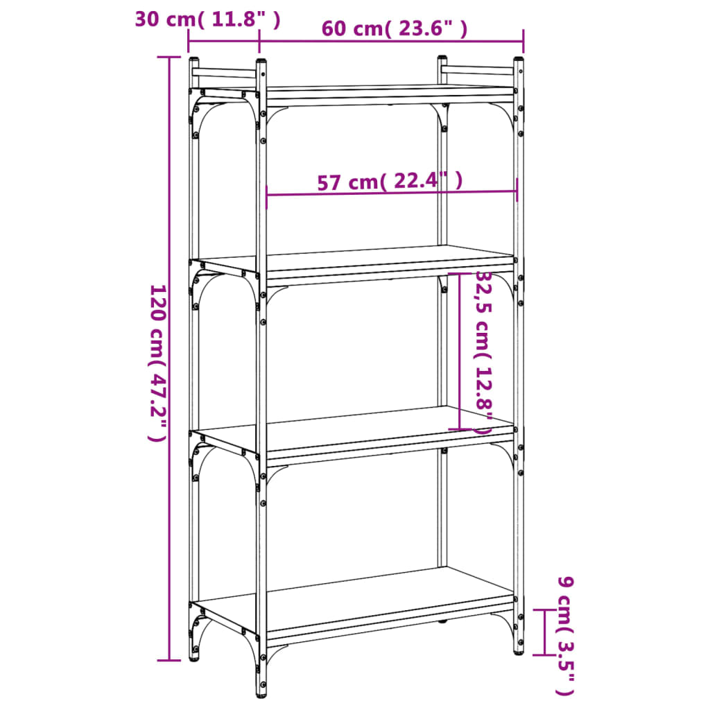 vidaXL Bücherregal 4 Böden Räuchereiche 60x30x120 cm Holzwerkstoff