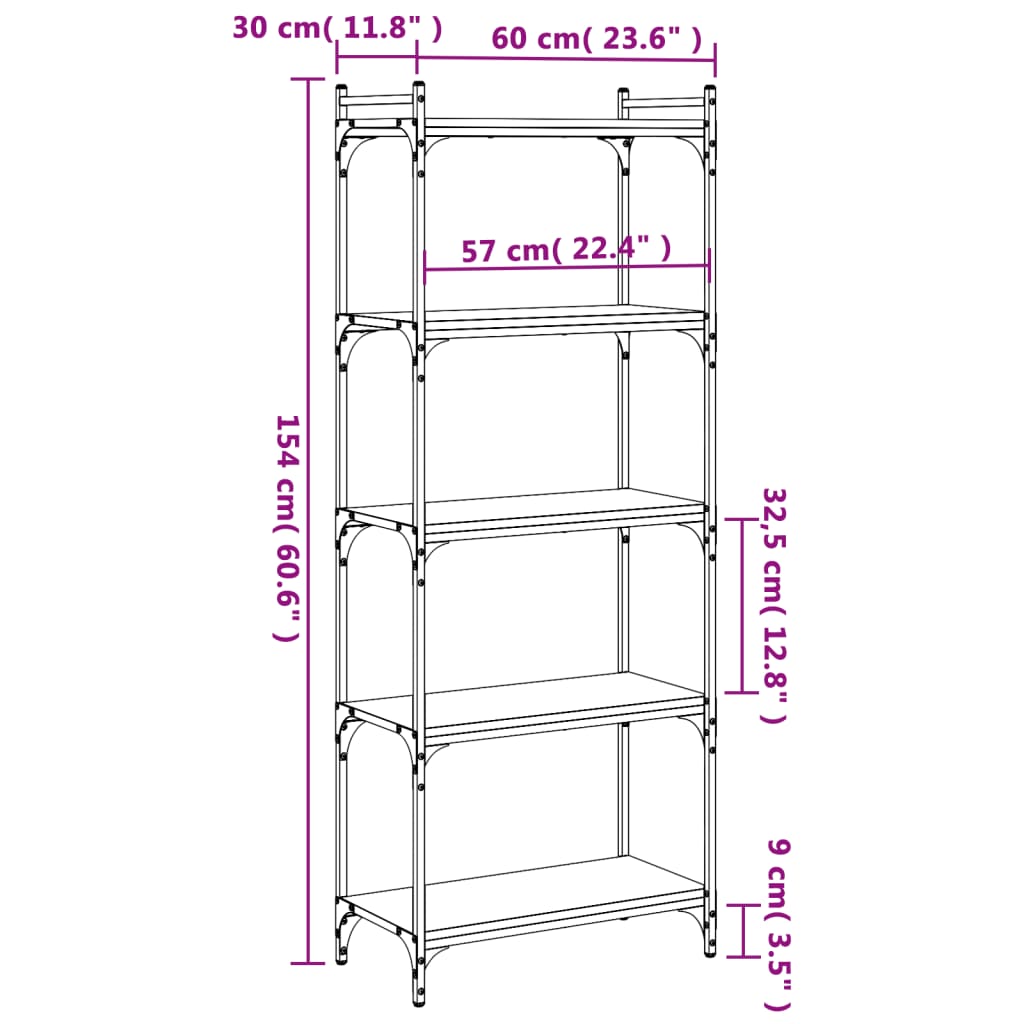 vidaXL Bücherregal 5 Böden Räuchereiche 60x30x154 cm Holzwerkstoff