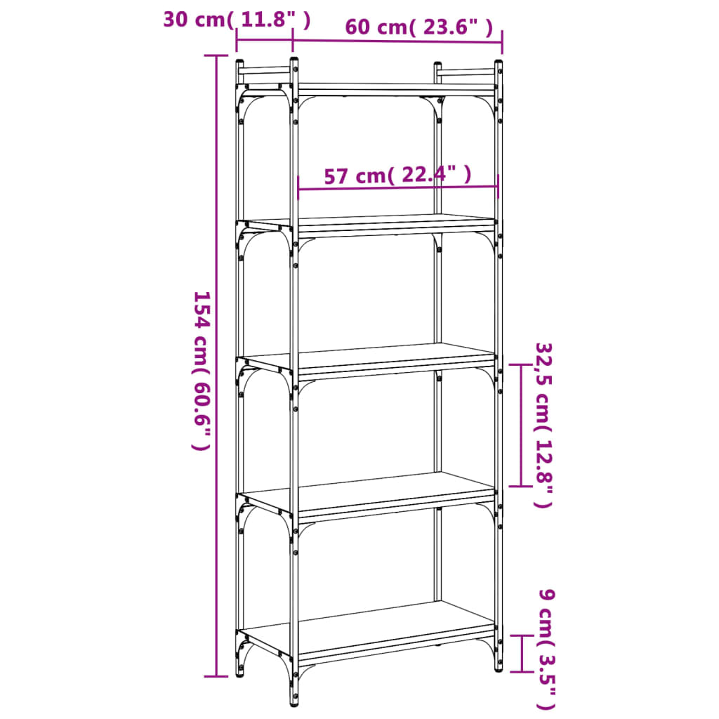 vidaXL Bücherregal 5 Böden Braun Eiche-Optik 60x30x154cm Holzwerkstoff