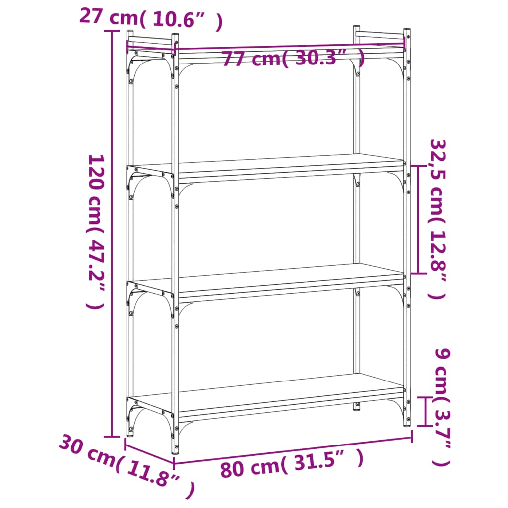 vidaXL Bücherregal 4 Böden Räuchereiche 80x30x120 cm Holzwerkstoff