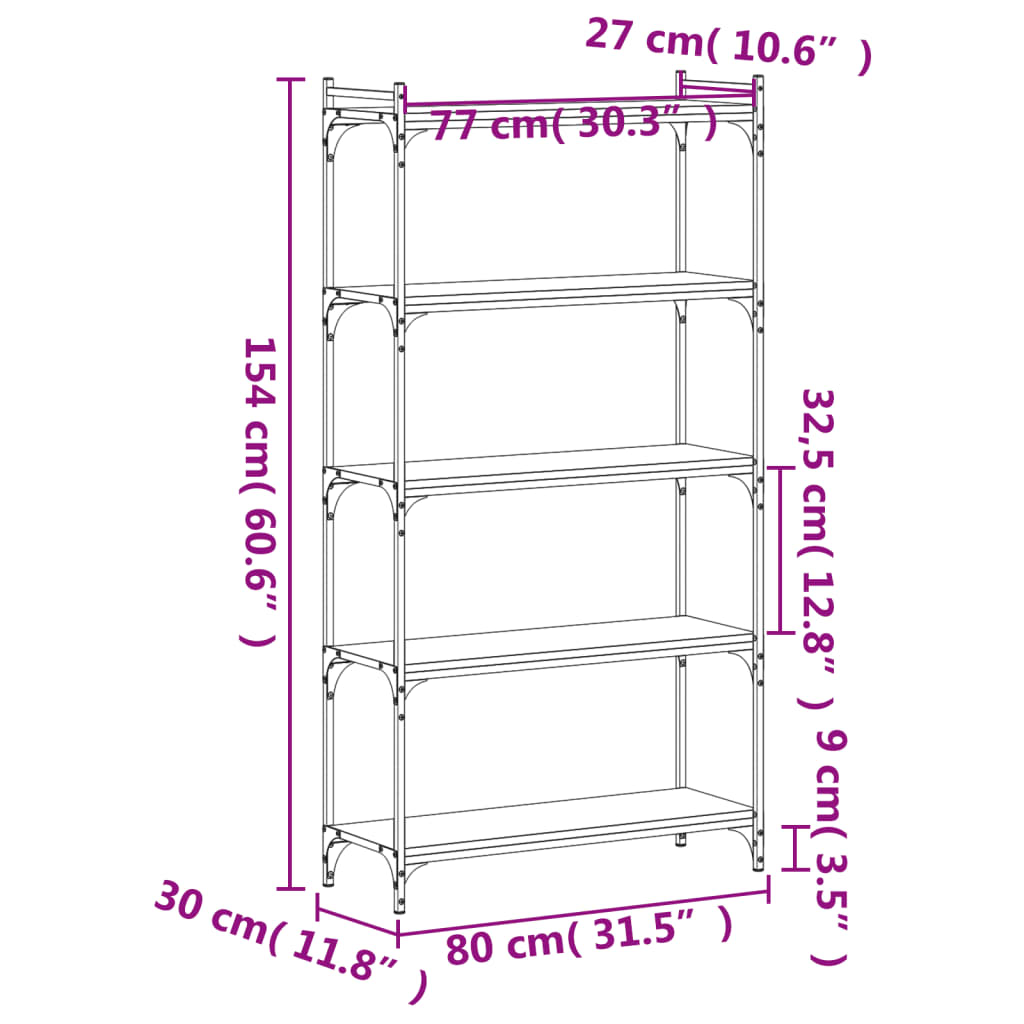 vidaXL Bücherregal 5 Böden Räuchereiche 80x30x154 cm Holzwerkstoff