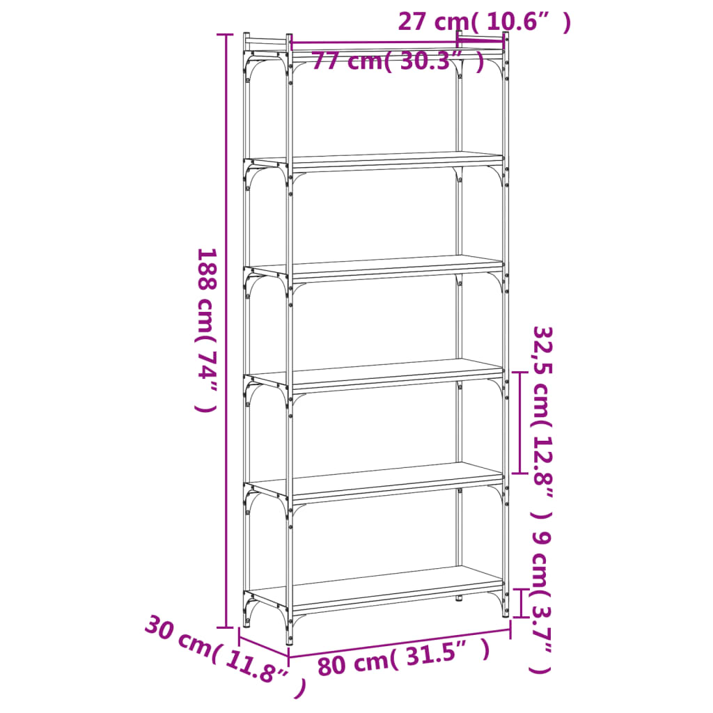 vidaXL Bücherregal 6 Böden Grau Sonoma 80x30x188 cm Holzwerkstoff