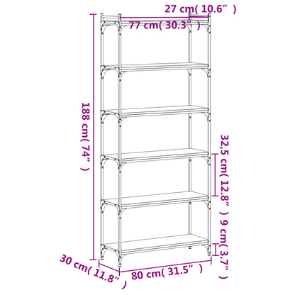 vidaXL Bücherregal 6 Böden Grau Sonoma 80x30x188 cm Holzwerkstoff