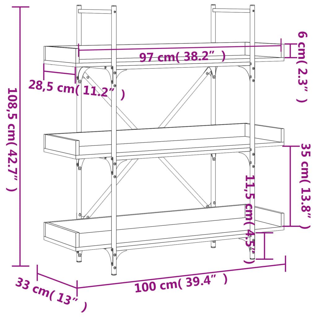 vidaXL Bücherregal 3 Böden Braun Eichen-Optik 100x33x108,5 cm