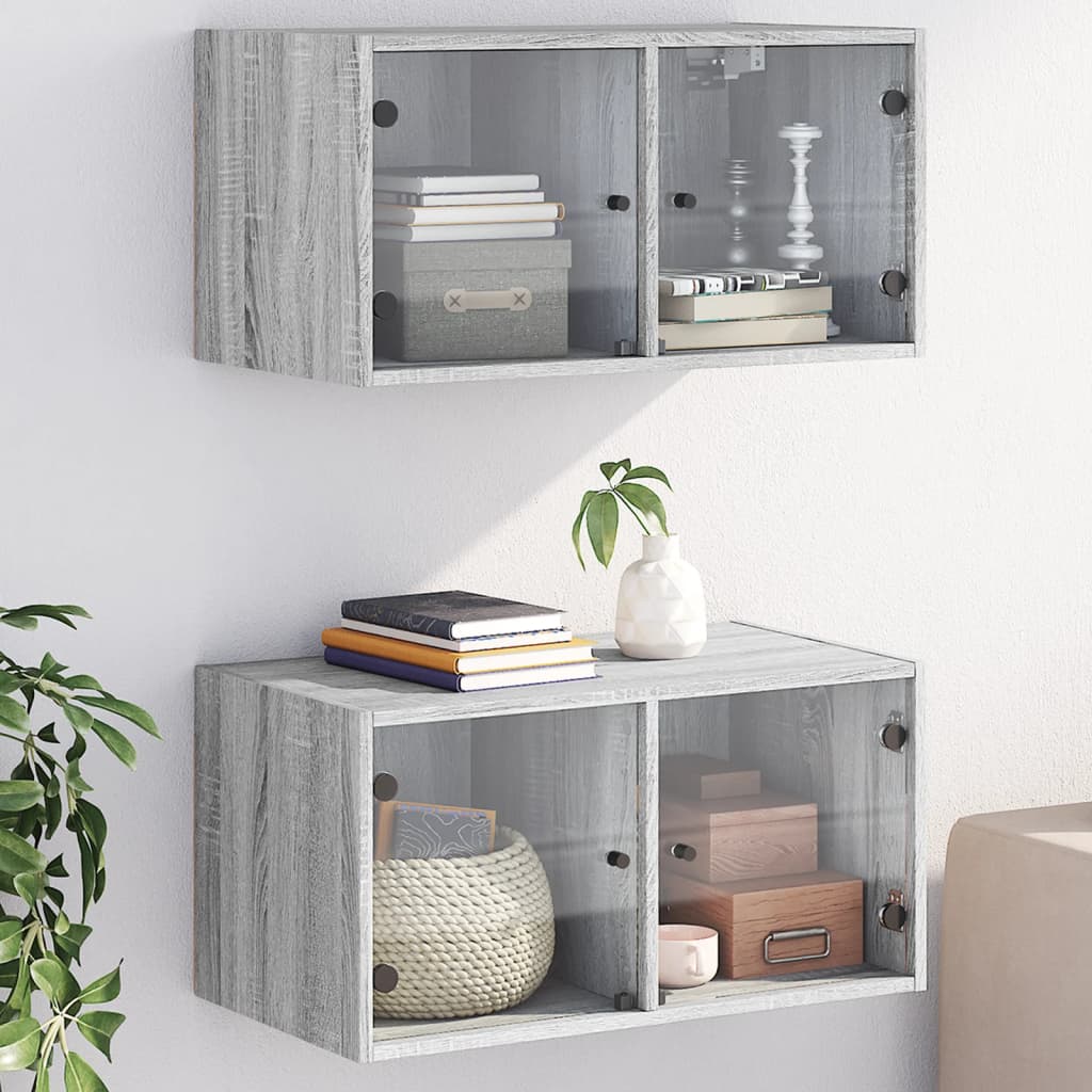 vidaXL Armoires murales avec portes en verre 2 pcs Gris Sonoma 68,5x37x35 cm
