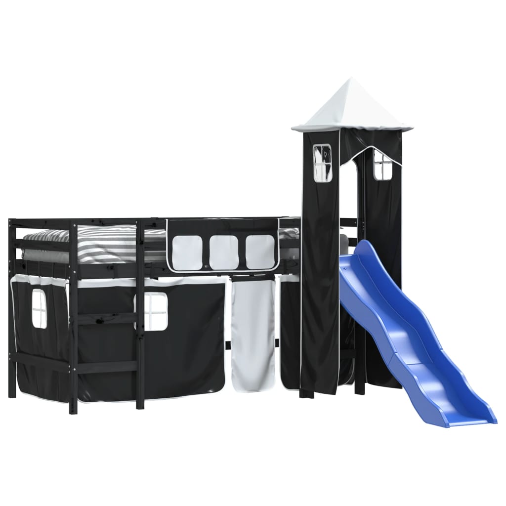 vidaXL Kinderhochbett mit Turm Weiß & Schwarz 80x200 cm Kiefernholz