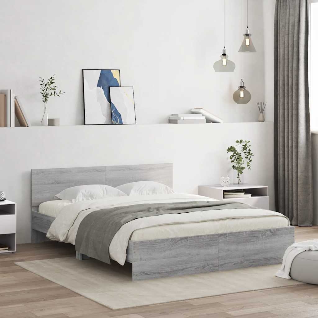 vidaXL Bettgestell mit Kopfteil LED-Beleuchtung Grau Sonoma 150x200 cm