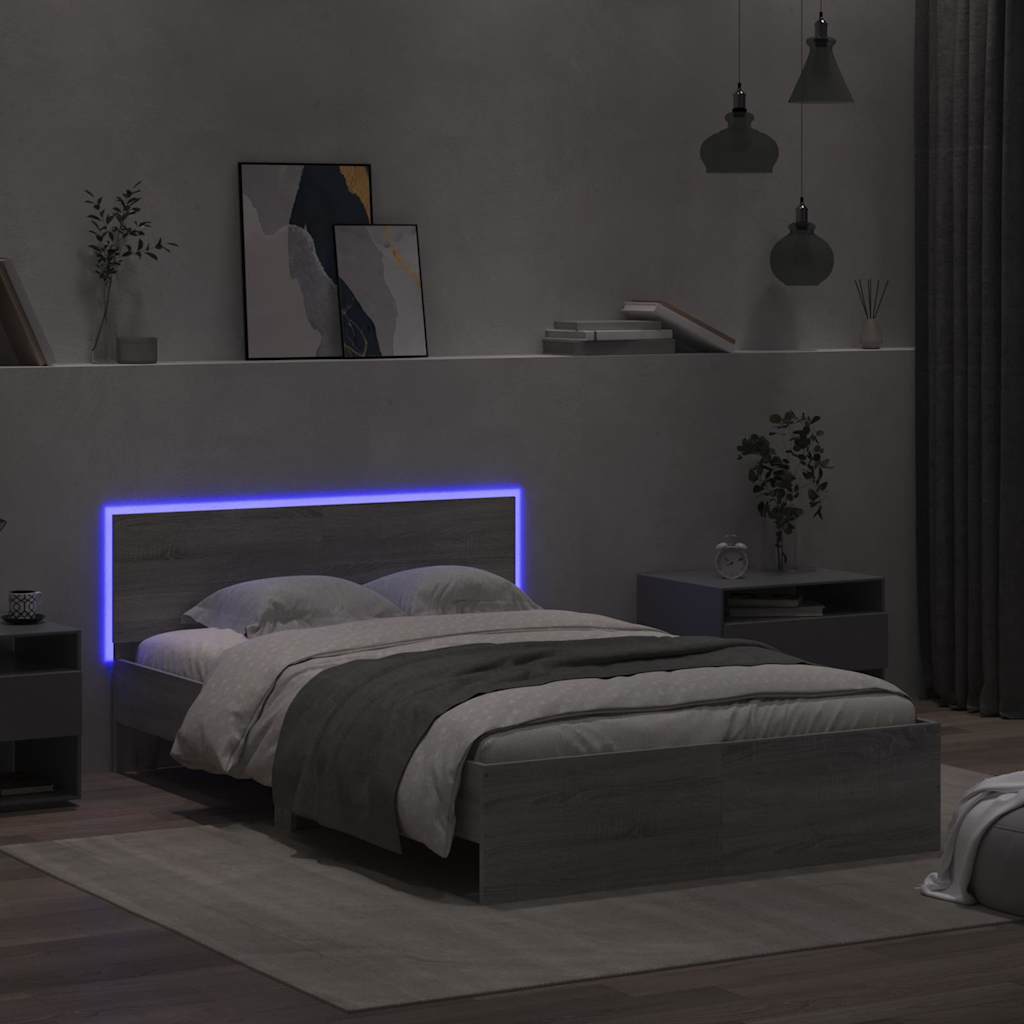vidaXL Bettgestell mit Kopfteil LED-Beleuchtung Grau Sonoma 140x200 cm