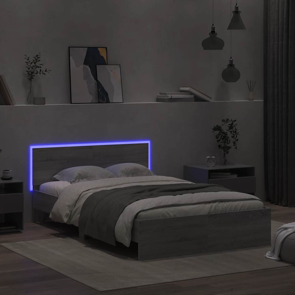 vidaXL Bettgestell mit Kopfteil LED-Beleuchtung Grau Sonoma 120x200 cm