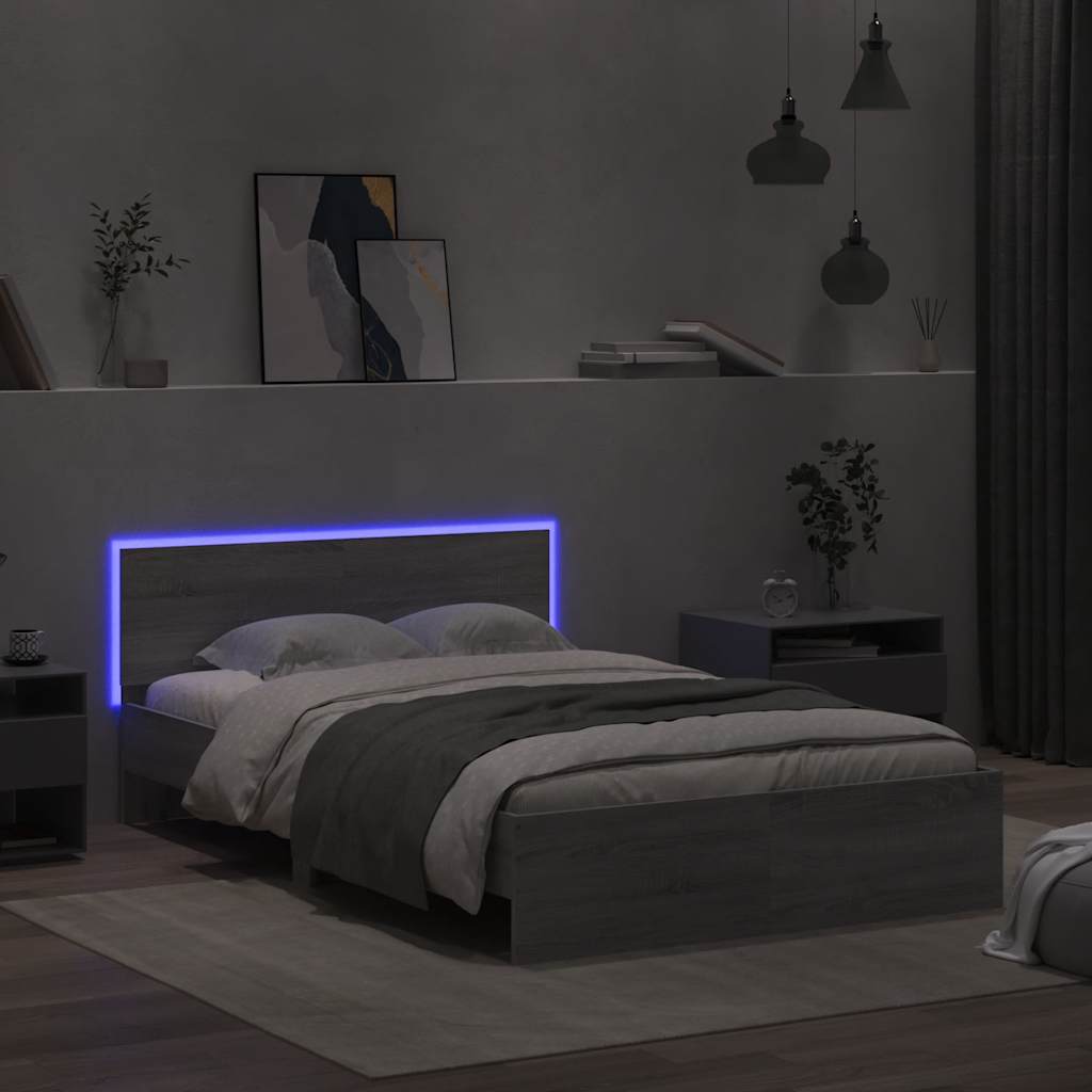 vidaXL Bettgestell mit Kopfteil LED-Beleuchtung Grau Sonoma 140x190 cm