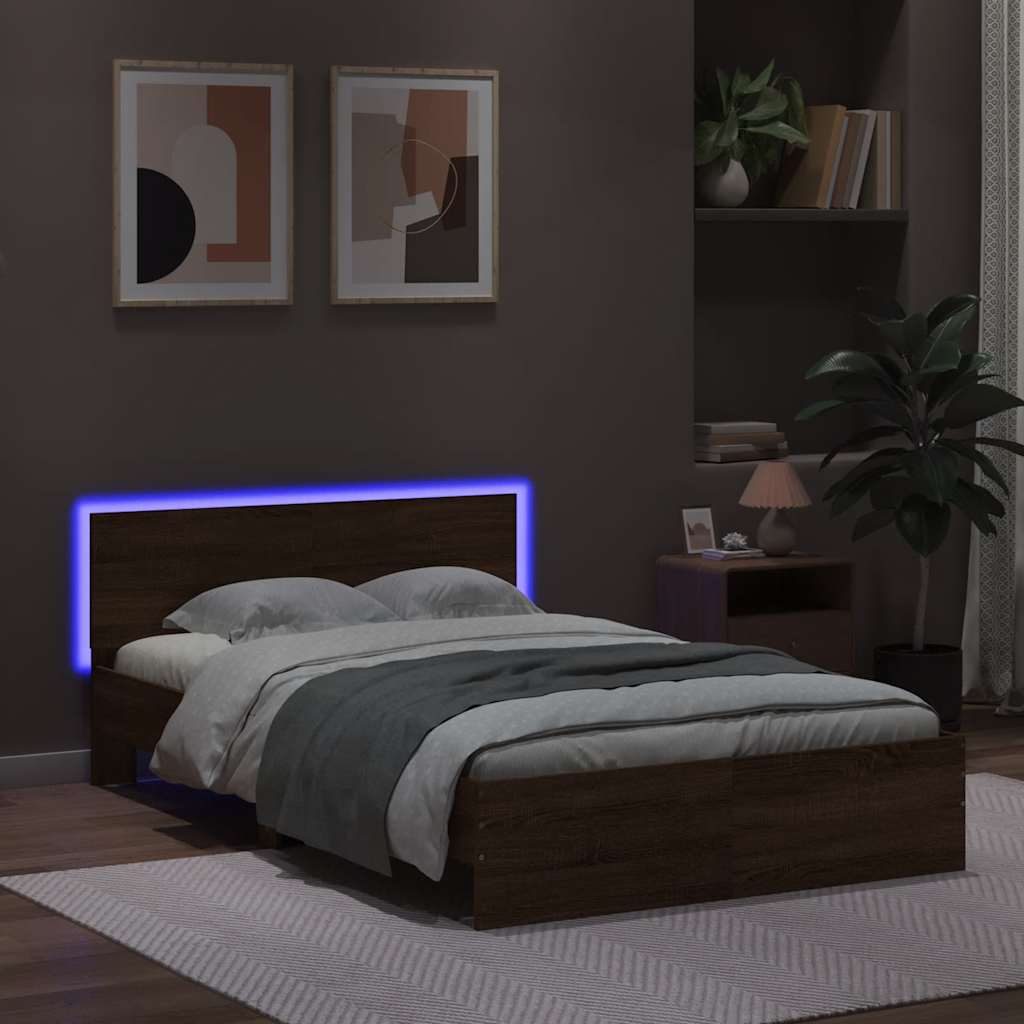 vidaXL Bettgestell mit Kopfteil LED-Beleuchtung Braun Eichen-Optik
