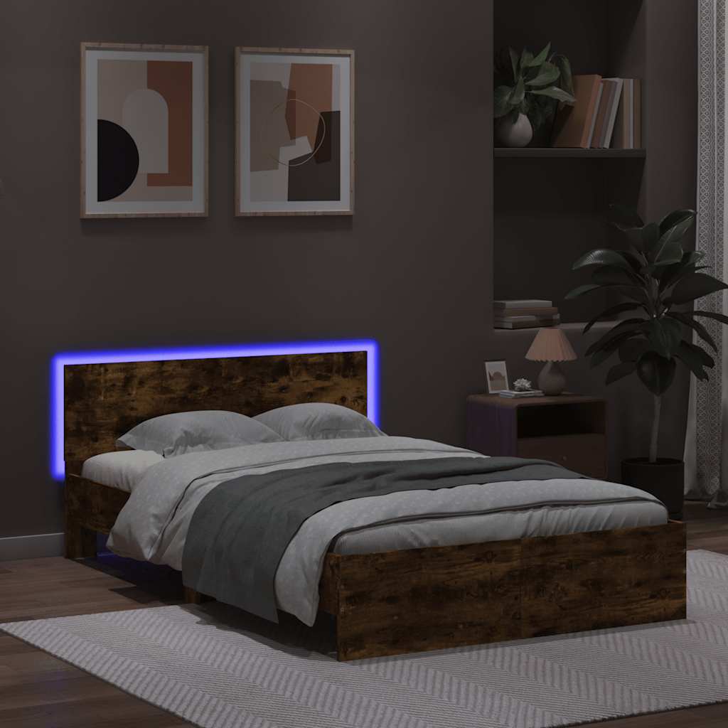 vidaXL Bettgestell mit Kopfteil LED-Beleuchtung Räuchereiche 135x190cm
