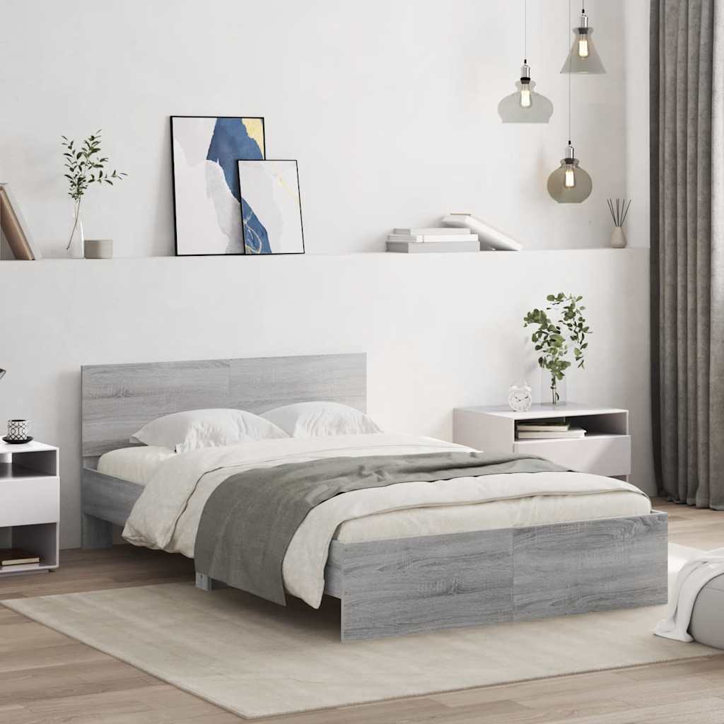 vidaXL Bettgestell mit Kopfteil LED-Beleuchtung Grau Sonoma 135x190 cm