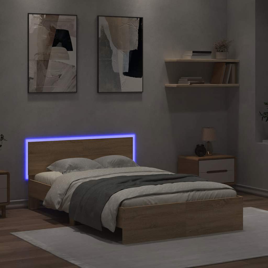 vidaXL Bettgestell mit Kopfteil LED-Beleuchtung Sonoma-Eiche 120x190cm