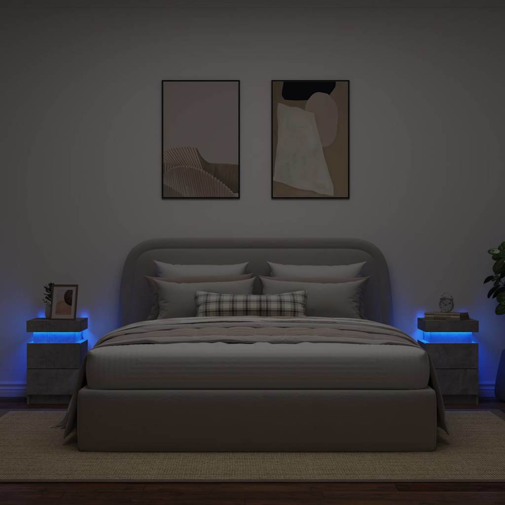 vidaXL Nachttische mit LED-Leuchten 2 Stk. Betongrau 35x39x55 cm