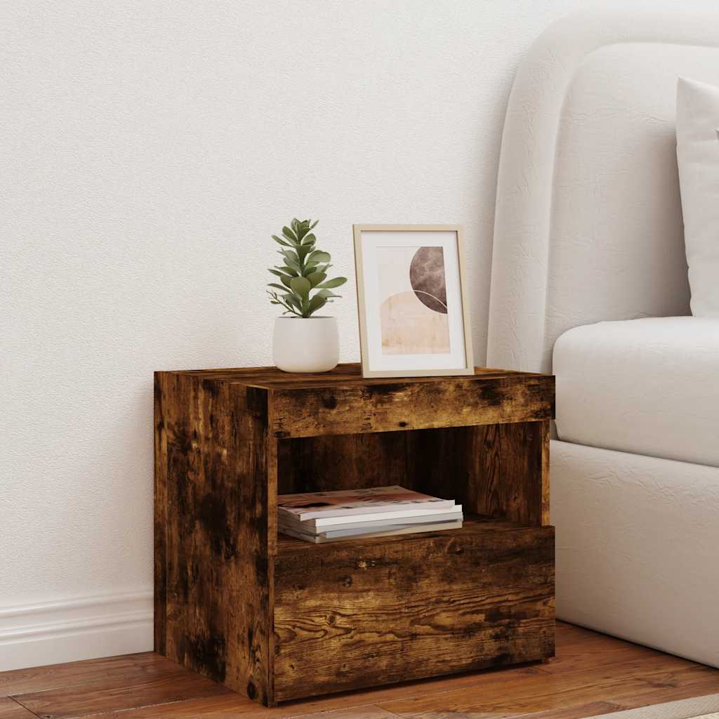 vidaXL Table de chevet avec lumières LED chêne fumé 50x40x45 cm