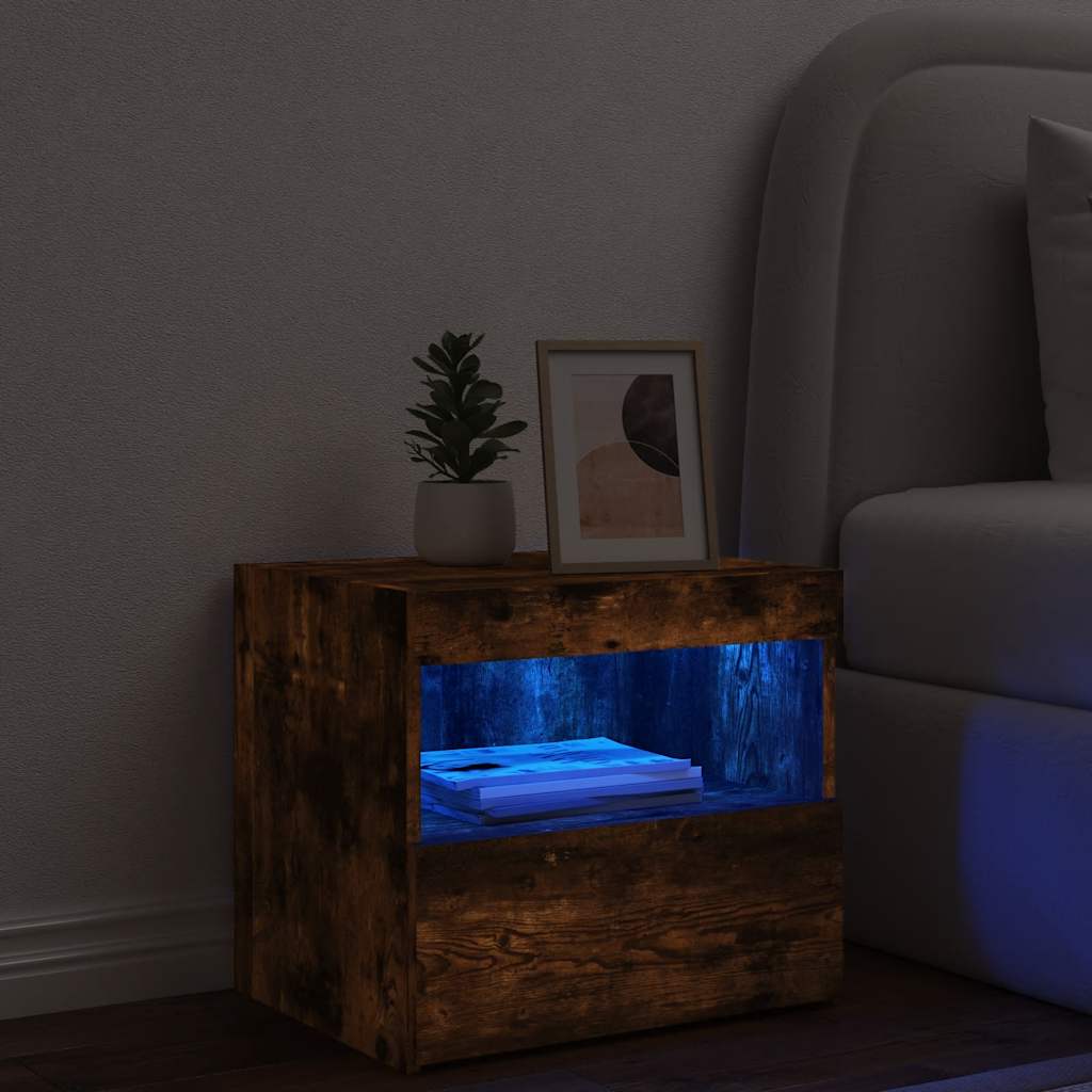 vidaXL Table de chevet avec lumières LED chêne fumé 50x40x45 cm