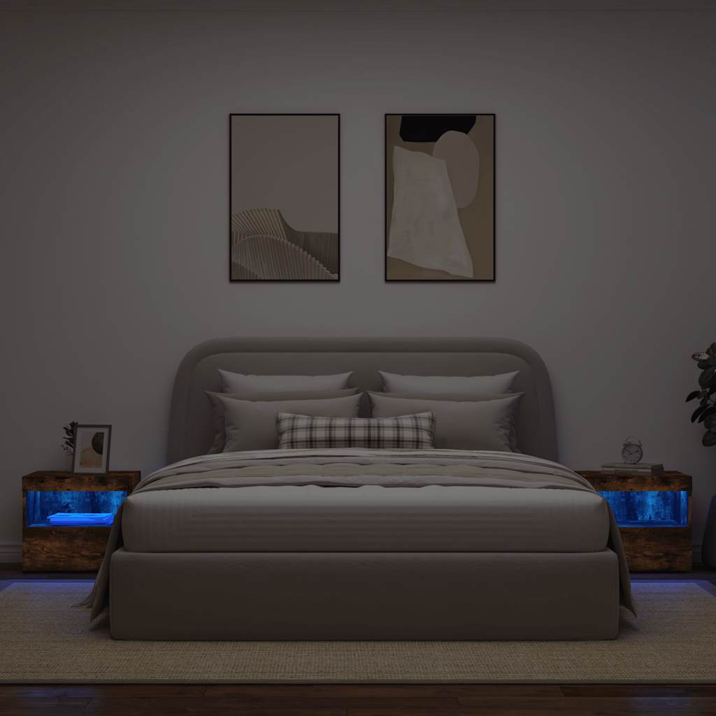 vidaXL Tables de chevet avec lumières LED 2 pcs Chêne fumé 50x40x45 cm