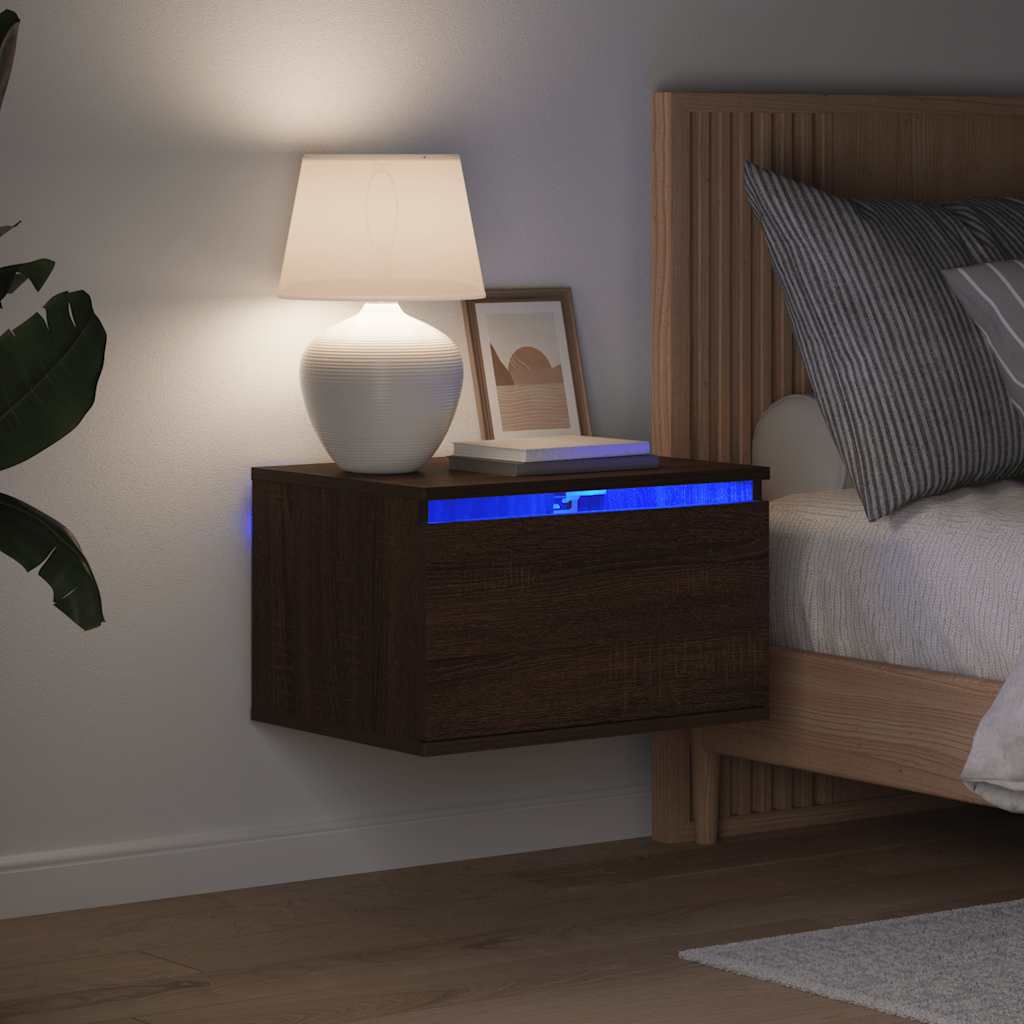 vidaXL Wand-Nachttisch mit LED-Leuchten Braun Eichen-Optik