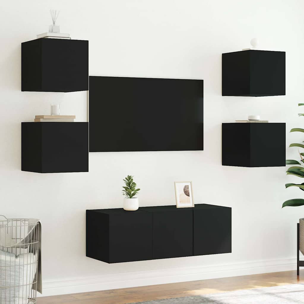 vidaXL TV-Wandschränke mit LED-Leuchten 2 Stk. Schwarz 30,5x35x30 cm