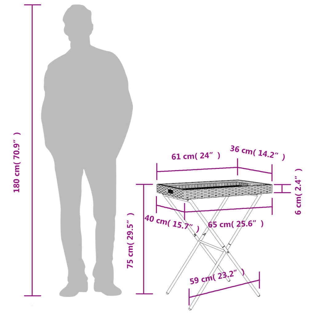 vidaXL Table d'appoint pliable en résine tressée noir 65x40x75 cm