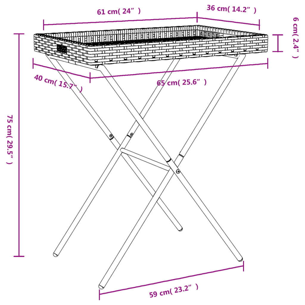 vidaXL Table d'appoint pliable en résine tressée noir 65x40x75 cm