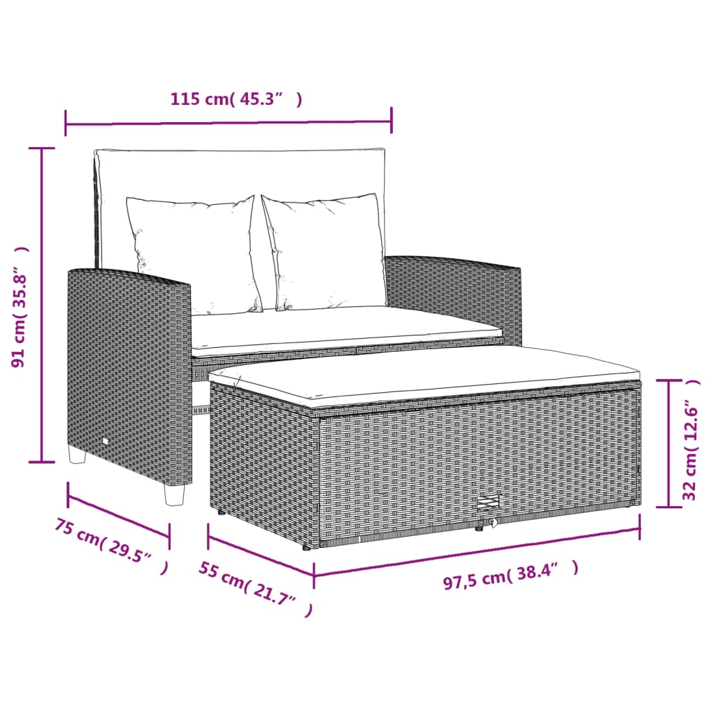 vidaXL Gartensofa mit Kissen 2-Sitzer Hellgrau Poly Rattan