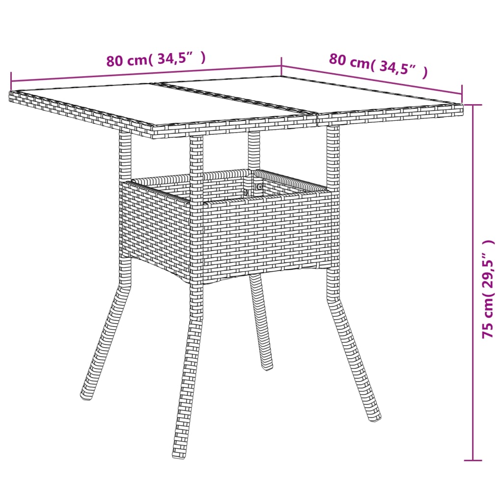 vidaXL Table de jardin avec plateau en verre Noir 80x80x75 cm Résine tressée