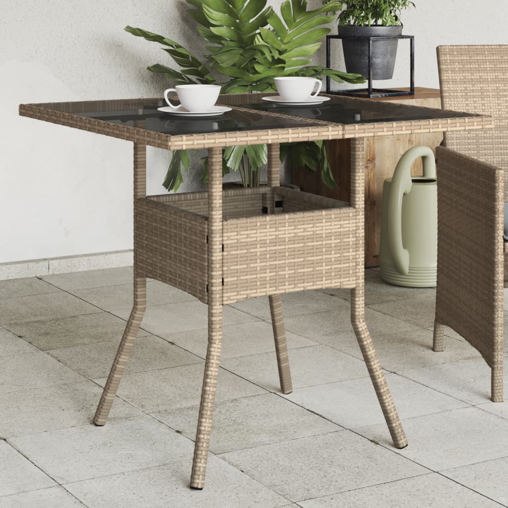 vidaXL Table de jardin avec plateau en verre Beige 80x80x75 cm Poly rotin