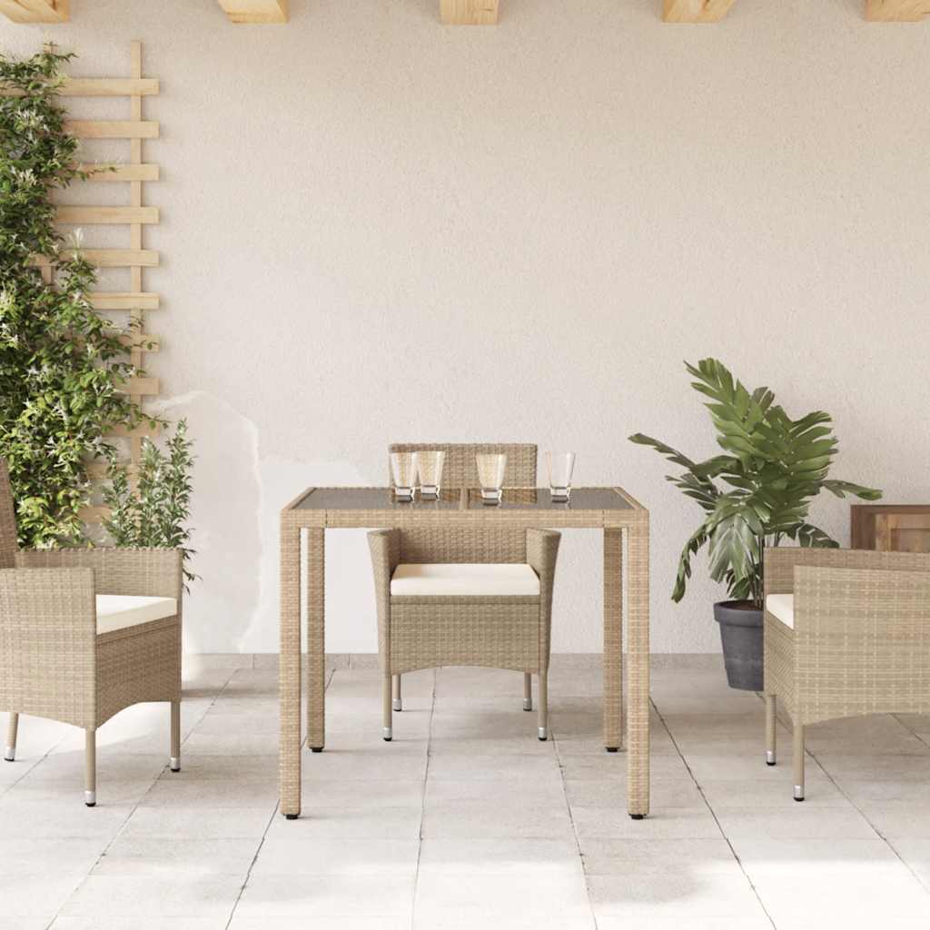 vidaXL Table de jardin en poly rotin avec plateau en verre Beige 90x90x75 cm