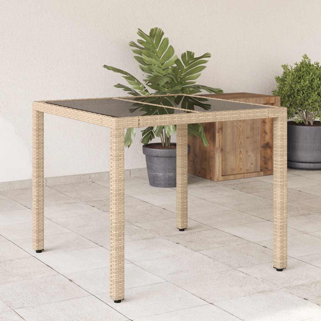 vidaXL Table de jardin en poly rotin avec plateau en verre Beige 90x90x75 cm