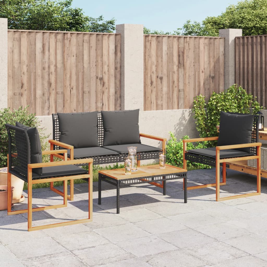 vidaXL Salon de jardin 4 pcs avec coussins Noir Résine tressée