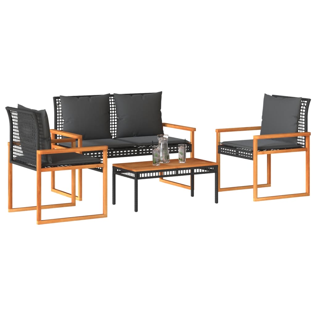 vidaXL Salon de jardin 4 pcs avec coussins Noir Résine tressée