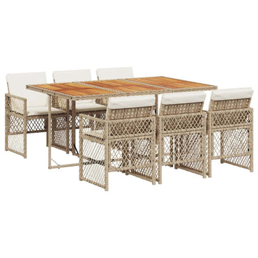 vidaXL 7-tlg. Garten-Essgruppe mit Kissen Beige Poly Rattan