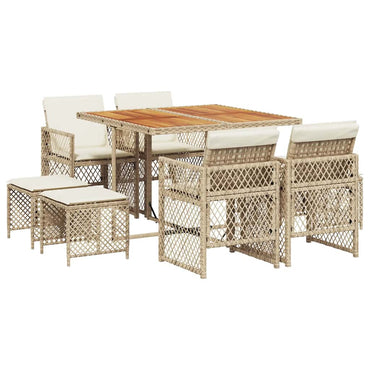 vidaXL 9-tlg. Garten-Essgruppe mit Kissen Beige Poly Rattan