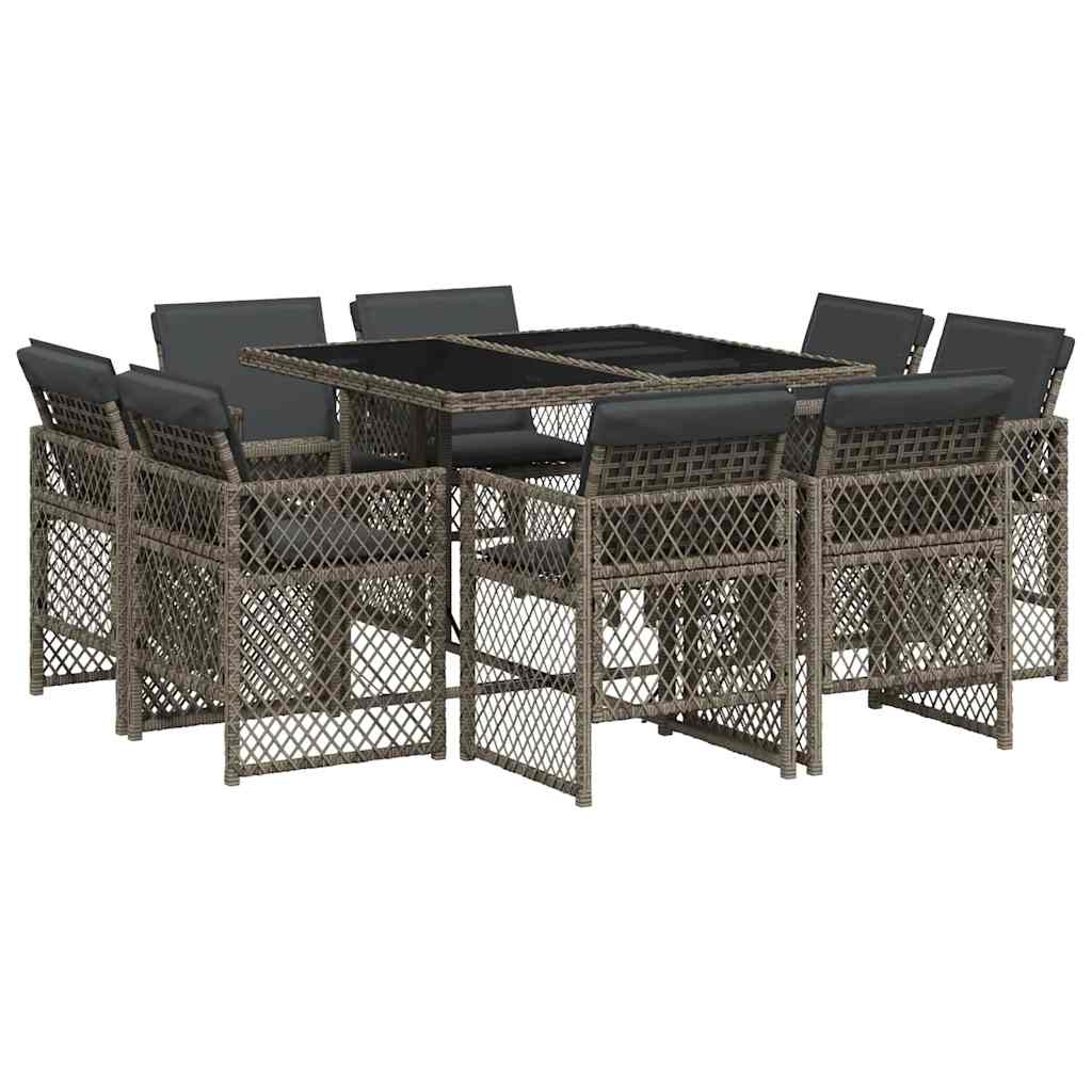 vidaXL 9-tlg. Garten-Essgruppe mit Kissen Grau Poly Rattan