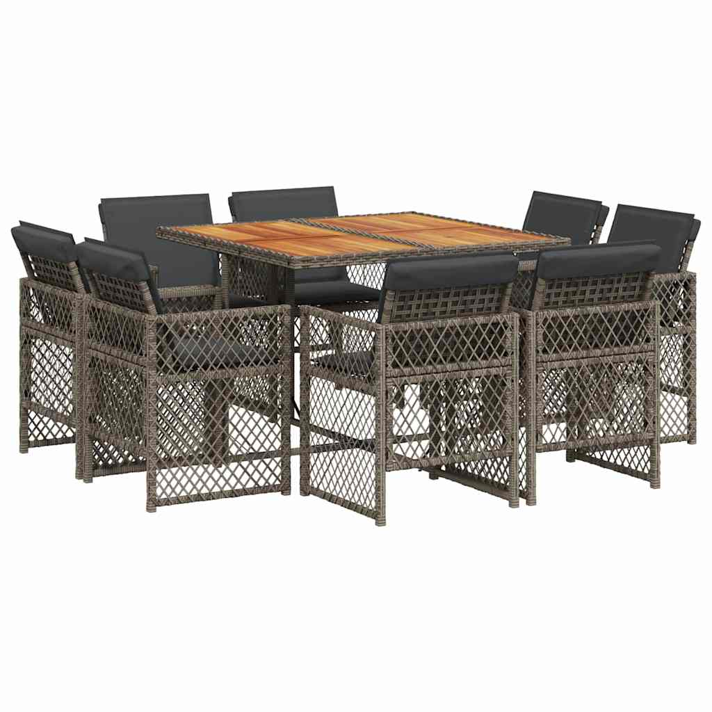 vidaXL 9-tlg. Garten-Essgruppe mit Kissen Grau Poly Rattan
